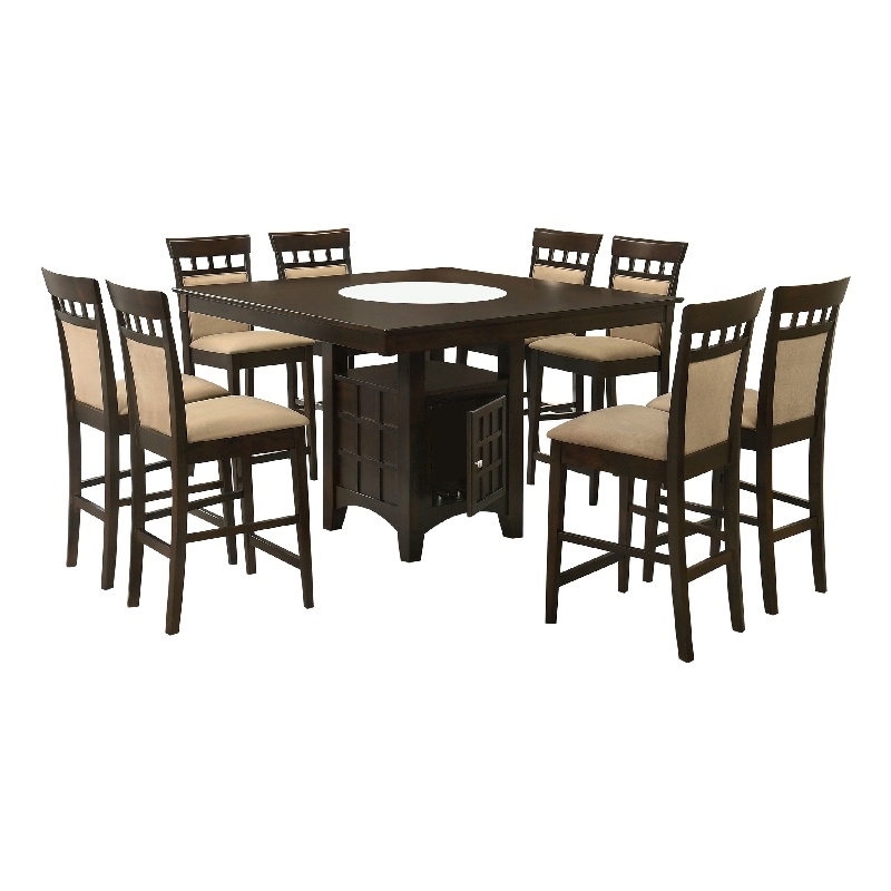 Pemberly Row 9 Piece Counter Height Dining Table Set with Wine Storage in Brown