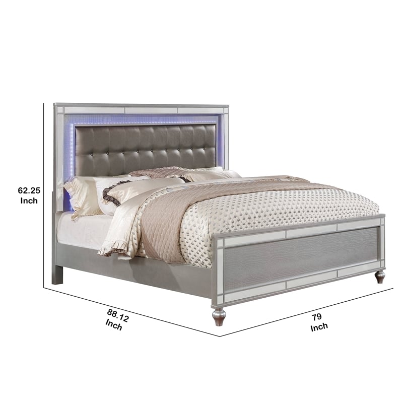 Pemberly Row Eastern King Bed with LED Lights and Mirror Trim in Silver