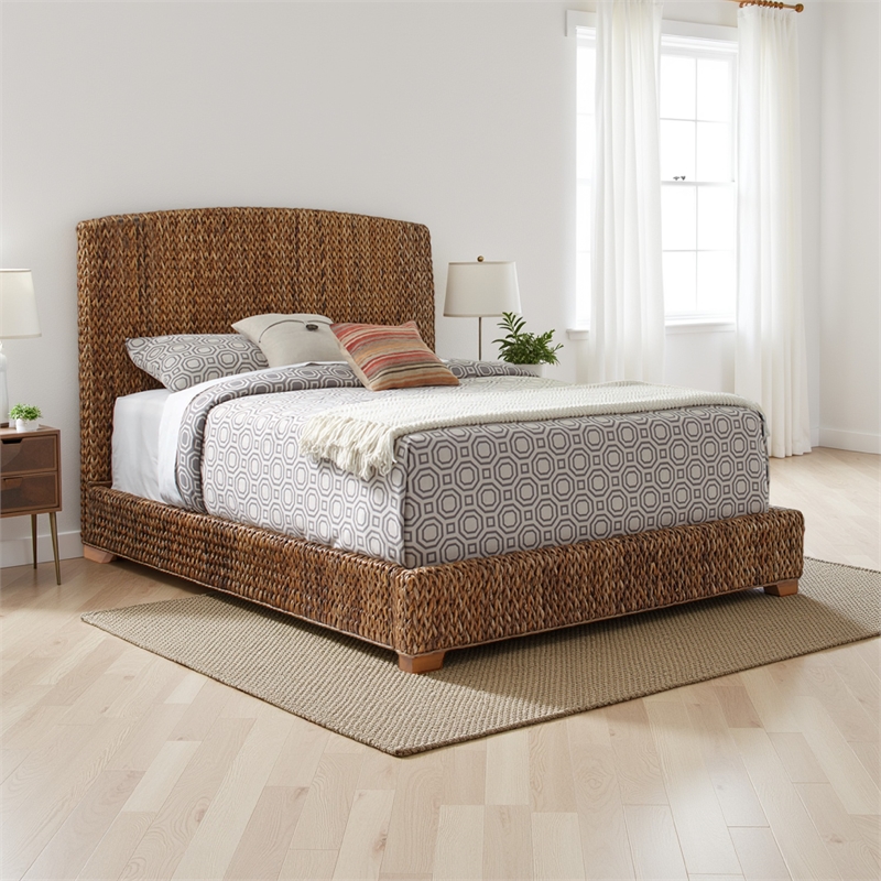 Pemberly Row Hand Woven Banana Leaf Queen Bed with Chamfered Legs in Brown