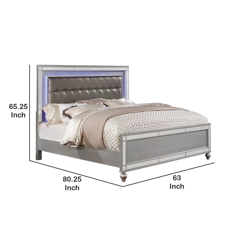 Pemberly Row Queen Bed with LED Lights Mirror Trim and Ornate Bun Feet in Silver