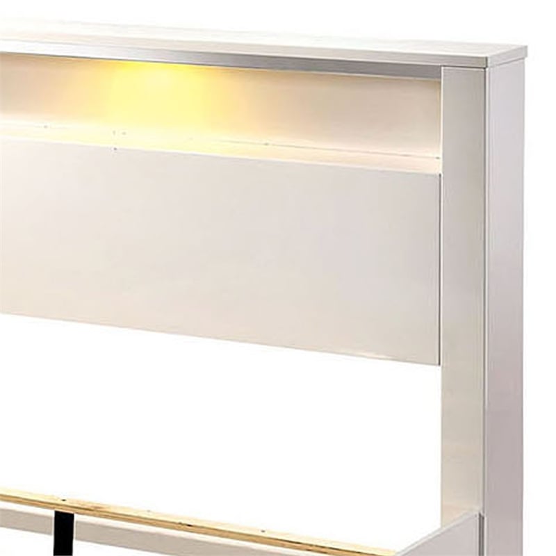 Pemberly Row Eastern King Bed with Headboard Shelf and LED Light in White