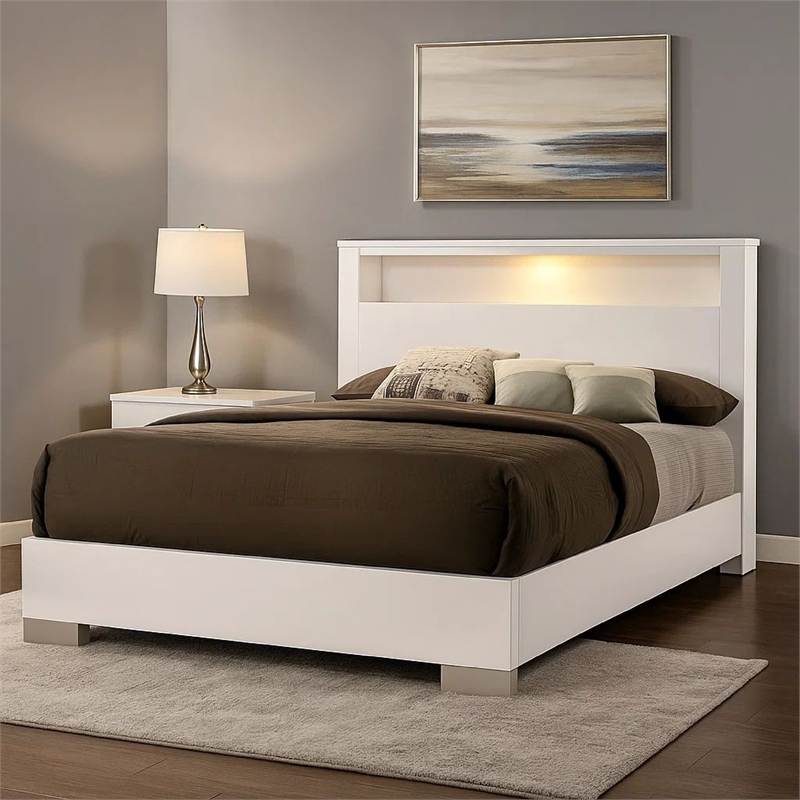 Pemberly Row Eastern King Bed with Headboard Shelf and LED Light in White