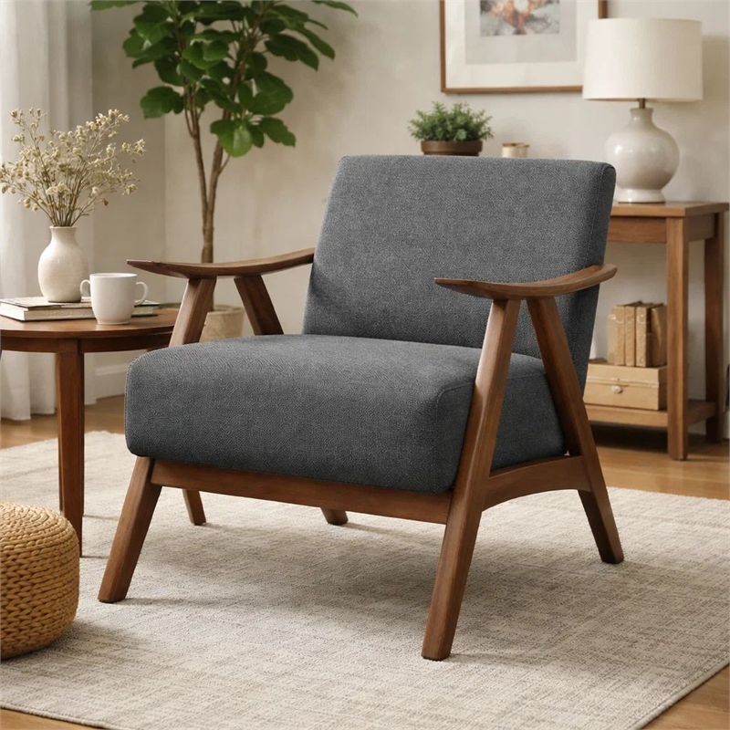 Pemberly Row Retro Accent Chair with Curved Wood Armrests in Gray