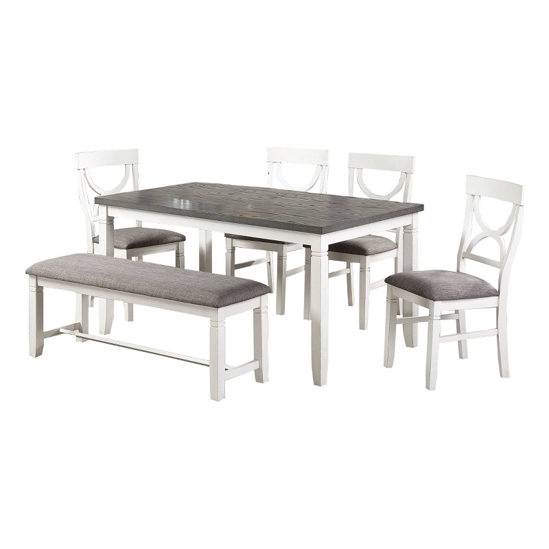 Pemberly Row 6 Pc Farmhouse Dining Set with Cut Out Back Chairs in White & Gray