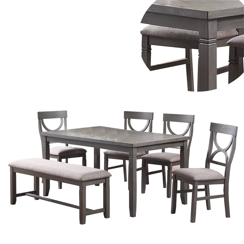 Pemberly Row 6 Piece Farmhouse Dining Set with Cut Out Back Chairs in Gray