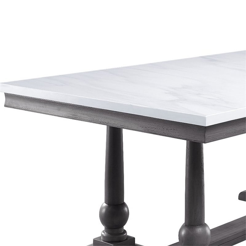 Pemberly Row Faux Marble Dining Table with Turned Legs and Trestle Base in White
