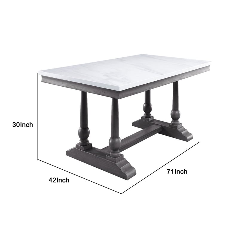 Pemberly Row Faux Marble Dining Table with Turned Legs and Trestle Base in White