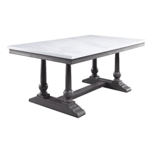 Pemberly Row Faux Marble Dining Table with Turned Legs and Trestle Base in White