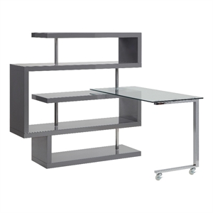 Pemberly Row Writing Desk with 4 Swivel Etagere Shelves and Glass Top in Gray