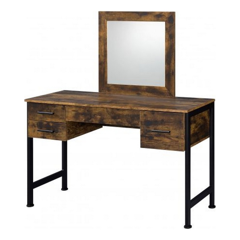 Pemberly Row Industrial Vanity Desk with 4 Drawers and Square Mirror in Brown