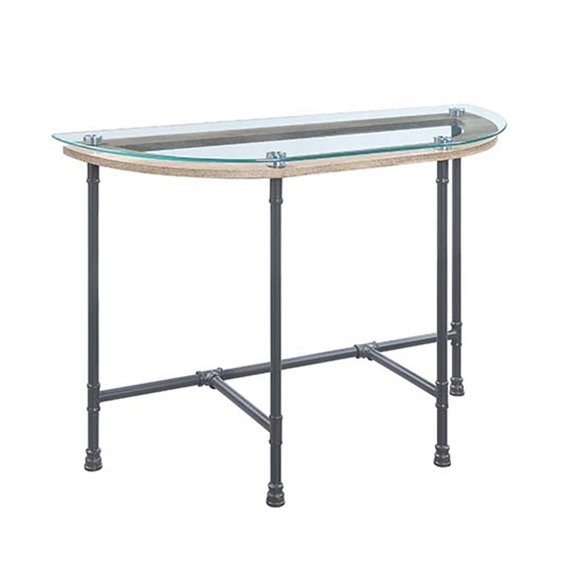 Pemberly Row Oval Tempered Glass Top Side Table with Metal Pipe Legs in Gray