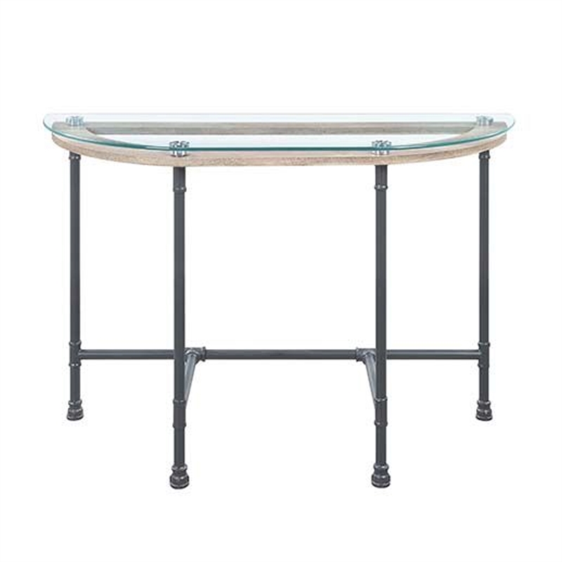 Pemberly Row Oval Tempered Glass Top Side Table with Metal Pipe Legs in Gray