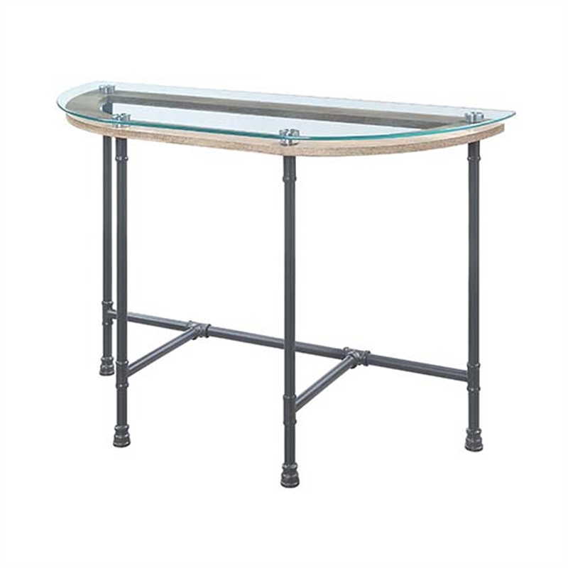 Pemberly Row Oval Tempered Glass Top Side Table with Metal Pipe Legs in Gray