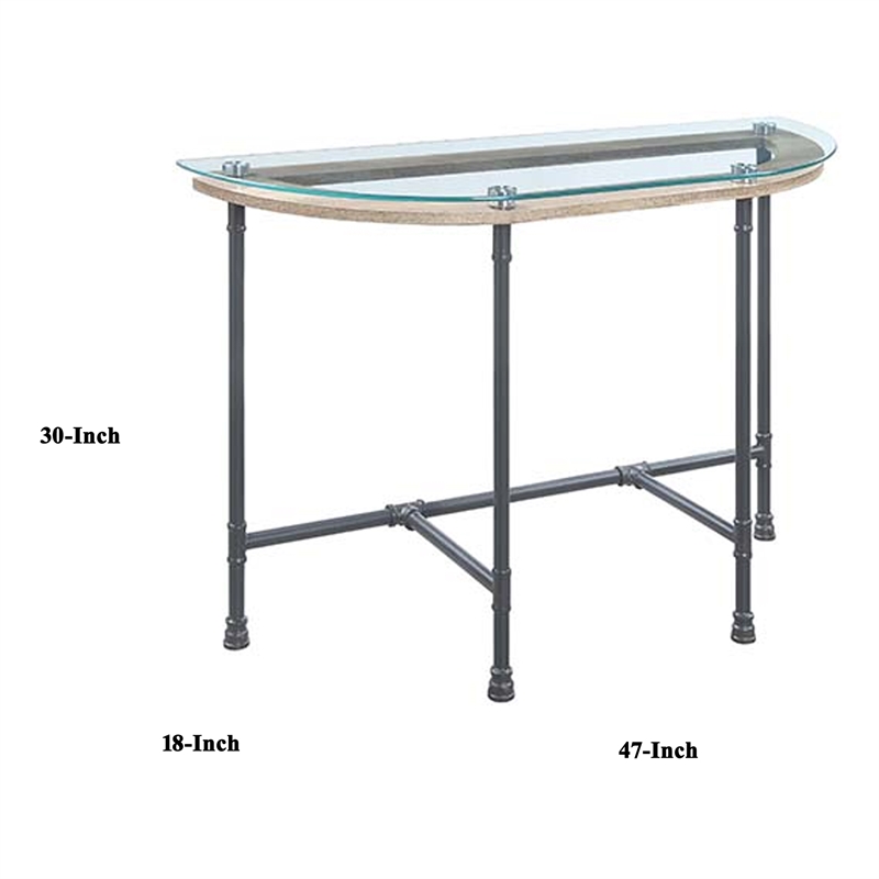 Pemberly Row Oval Tempered Glass Top Side Table with Metal Pipe Legs in Gray