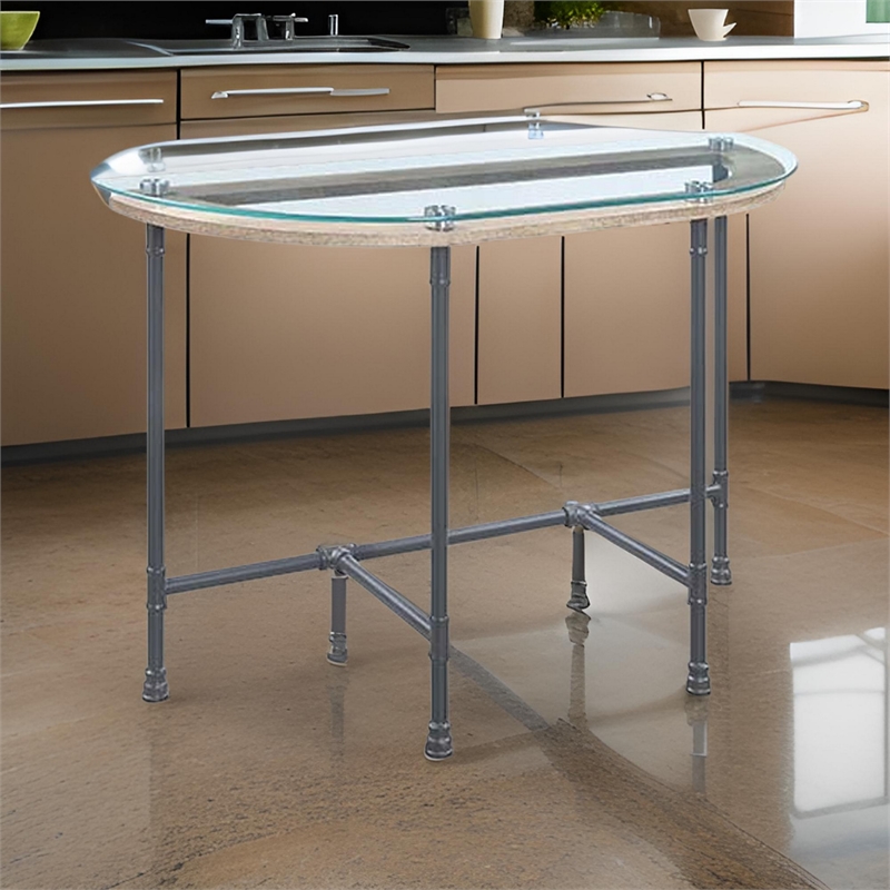 Pemberly Row Oval Tempered Glass Top Side Table with Metal Pipe Legs in Gray