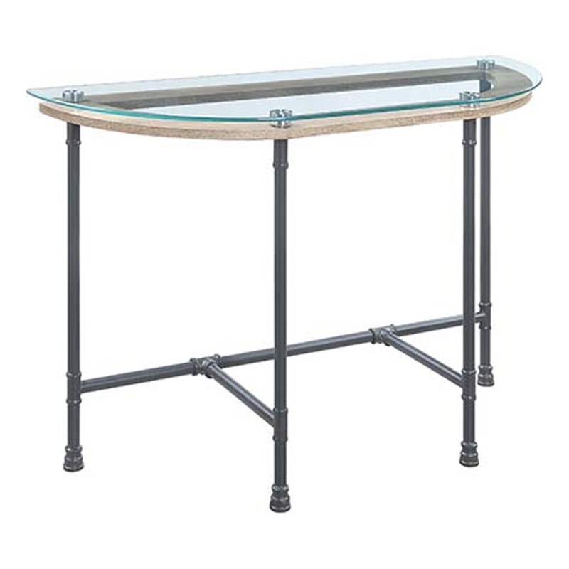 Pemberly Row Oval Tempered Glass Top Side Table with Metal Pipe Legs in Gray