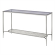 Pemberly Row Glass Top Sofa Table with Textured Obround Shelf in Silver