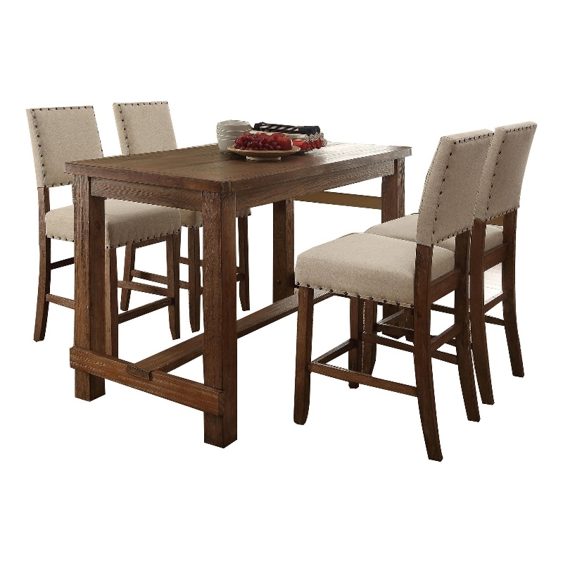 Pemberly Row Counter Height Dining Table Set with Center Beam in Brown and Beige