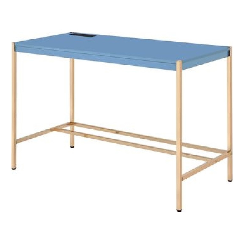 Pemberly Row Writing Desk w/ Built-In USB Dock & Metal Base in Blue & Rose Gold