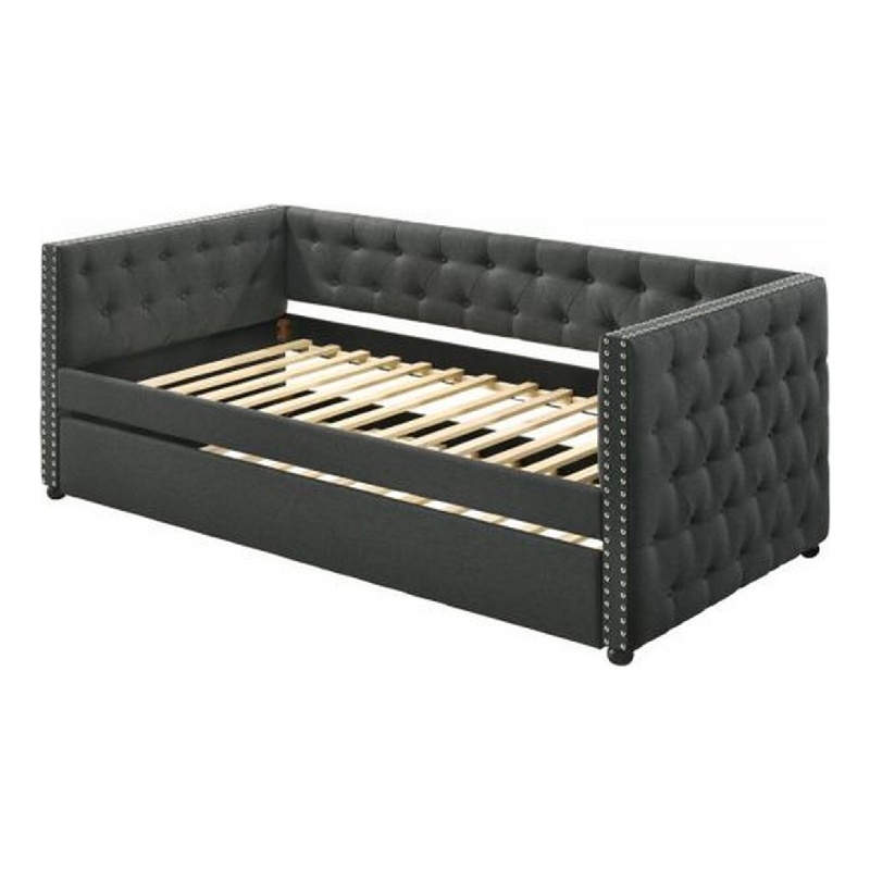 Pemberly Row Twin Daybed with Button Tufted Chesterfield Style & Trundle in Gray