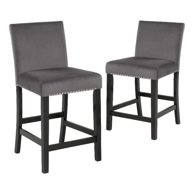 Pemberly Row 40 Inch Counter Height Chair Set of 2 with Velvet Seat in Gray