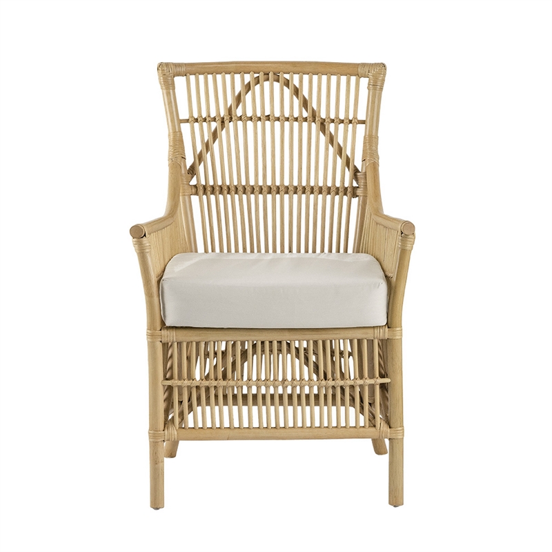 Pemberly Row Rattan Dining Armchair with Padded Seat & Slatted Back in Brown