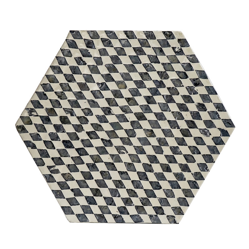 Pemberly Row 17 Inch Hexagonal Capiz Inlaid Accent Stool in White and Black
