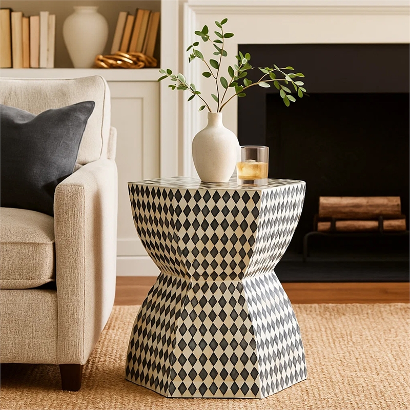 Pemberly Row 17 Inch Hexagonal Capiz Inlaid Accent Stool in White and Black