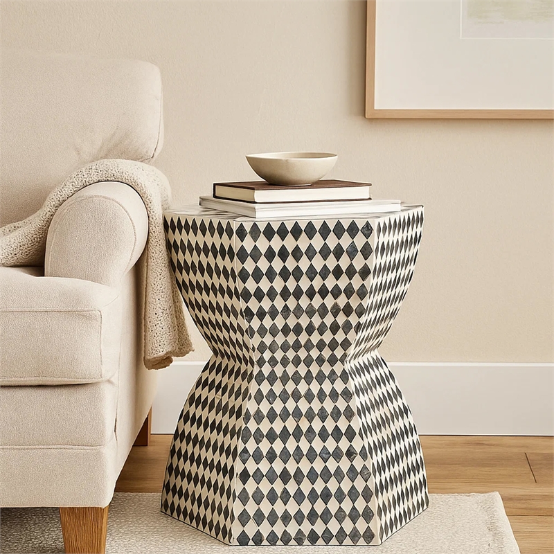 Pemberly Row 17 Inch Hexagonal Capiz Inlaid Accent Stool in White and Black