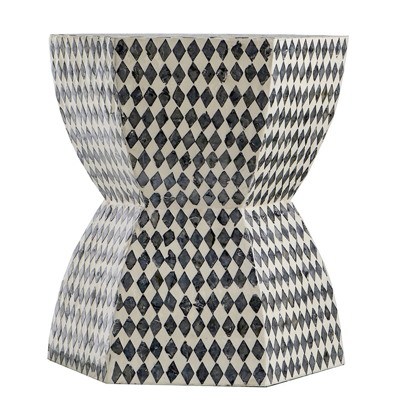 Pemberly Row 17 Inch Hexagonal Capiz Inlaid Accent Stool in White and Black