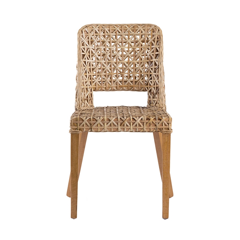 Pemberly Row Woven Rattan Dining Side Chair with Wood Frame in Natural Brown