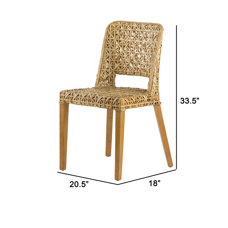 Pemberly Row Woven Rattan Dining Side Chair with Wood Frame in Natural Brown