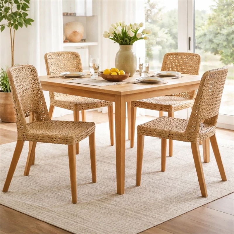 Pemberly Row Woven Rattan Dining Side Chair with Wood Frame in Natural Brown