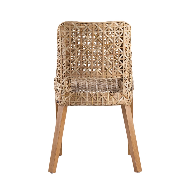 Pemberly Row Woven Rattan Dining Side Chair with Wood Frame in Natural Brown