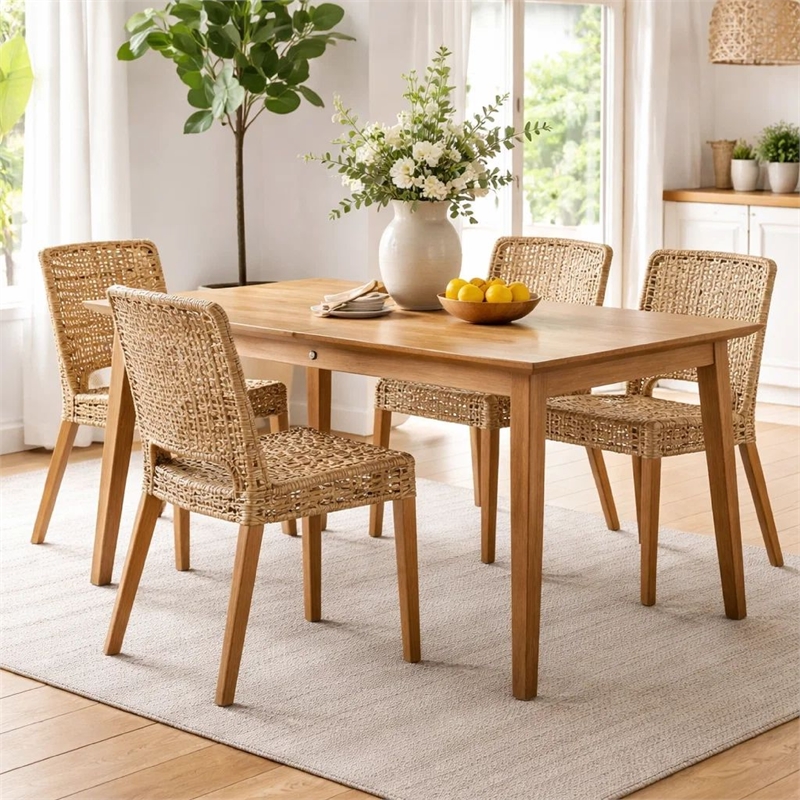 Pemberly Row Woven Rattan Dining Side Chair with Wood Frame in Natural Brown