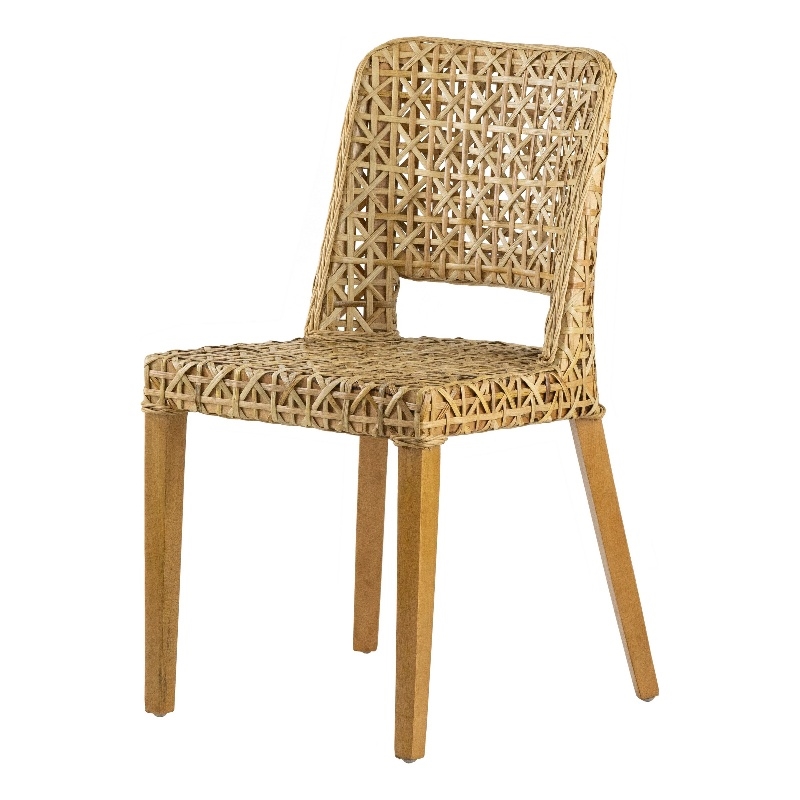 Pemberly Row Woven Rattan Dining Side Chair with Wood Frame in Natural Brown