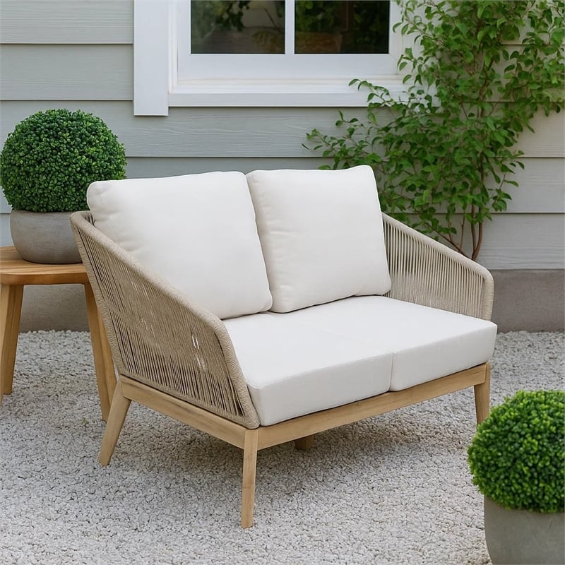 Pemberly Row 51 Inch Patio Sofa with Woven Rope Back in Rich Brown Acacia