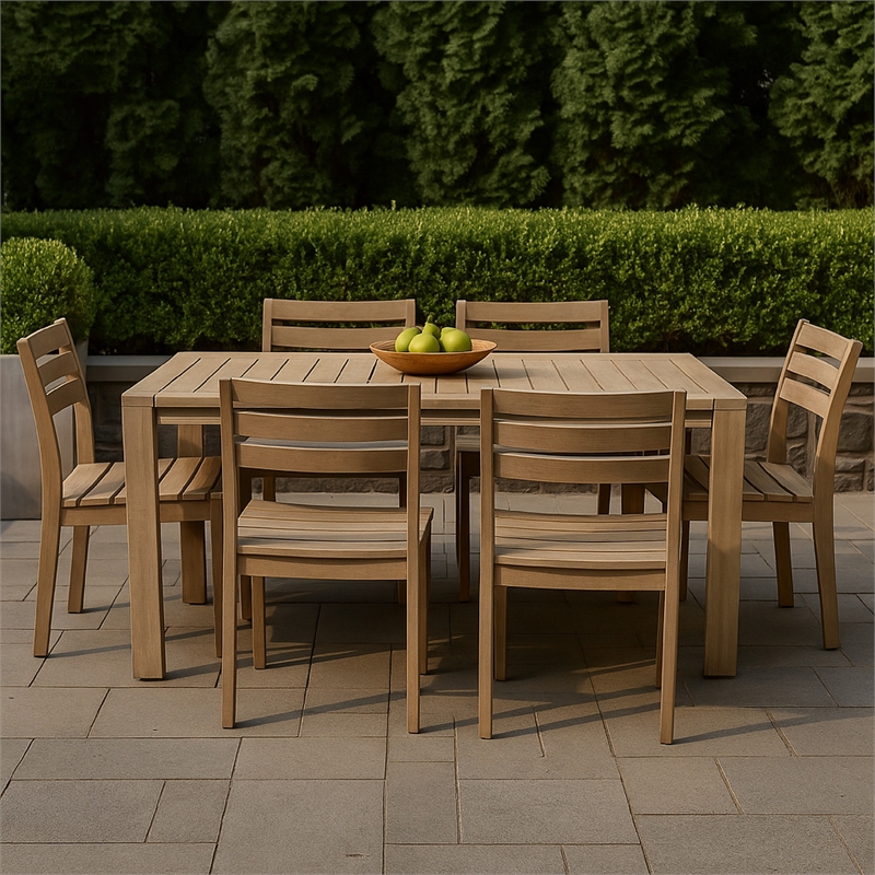Pemberly Row 70 Inch Outdoor Dining Table with Plank Top in Natural Brown