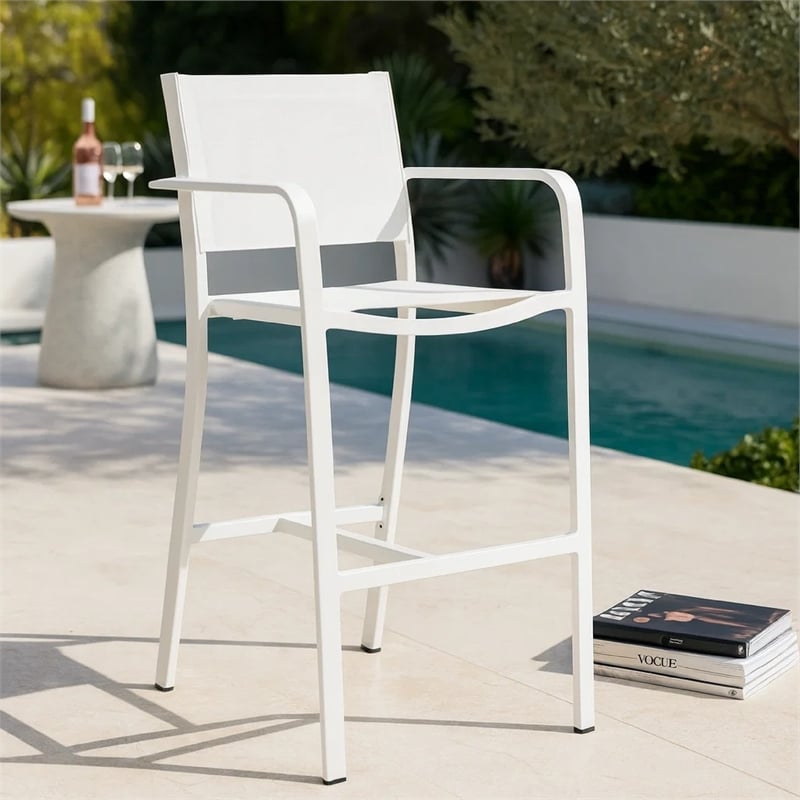 Pemberly Row 44 Inch Outdoor Bar Stool Set of 6 with Curved Arms in White