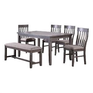 Pemberly Row 6 Piece Rubberwood Dining Set with Table 4 Chairs and Bench in Gray