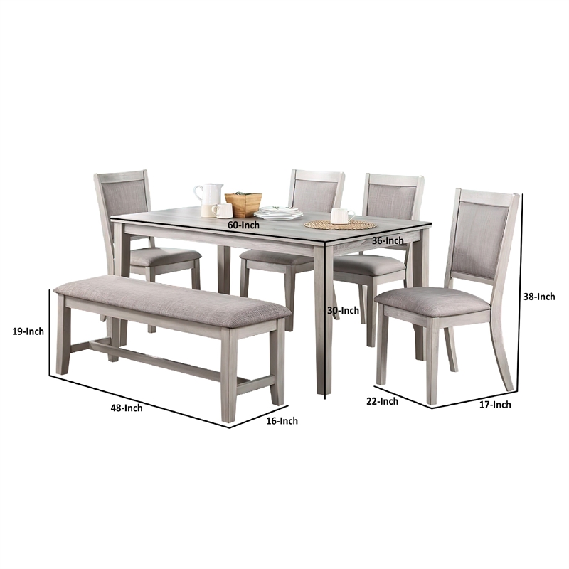 Pemberly Row 6 Piece Dining Set with Table 4 Chairs and Bench in Warm Gray