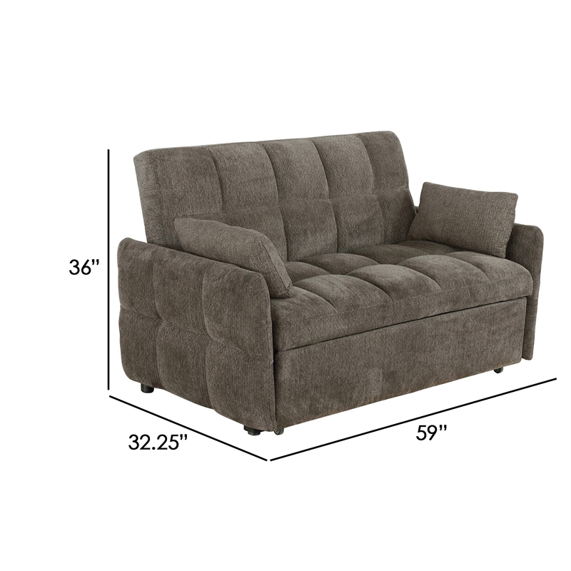 Pemberly Row 59 Inch Sleeper Sofa Futon with Grid Tufting and Pillows in Brown