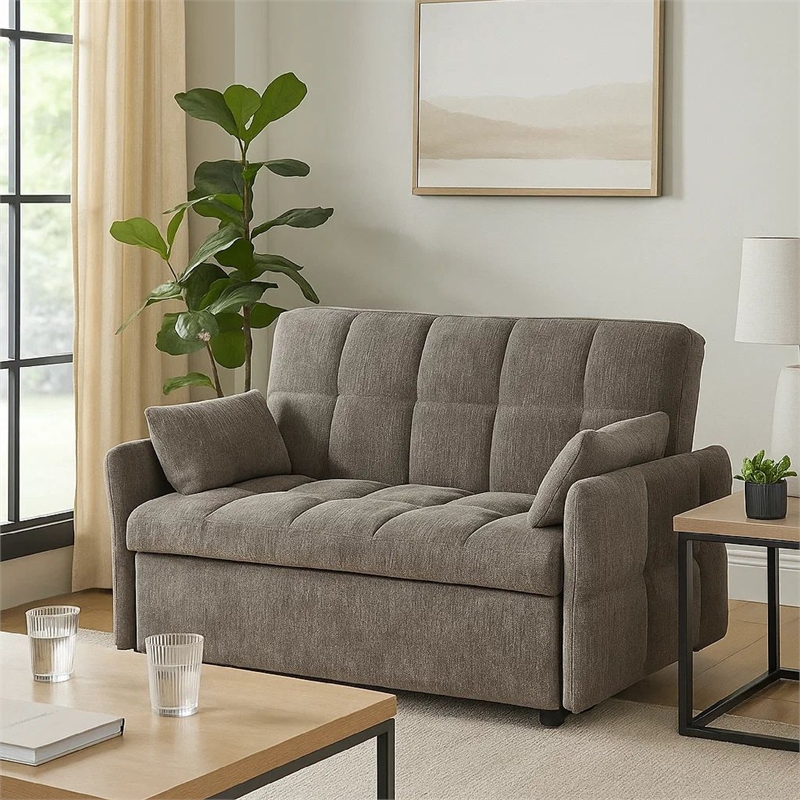 Pemberly Row 59 Inch Sleeper Sofa Futon with Grid Tufting and Pillows in Brown