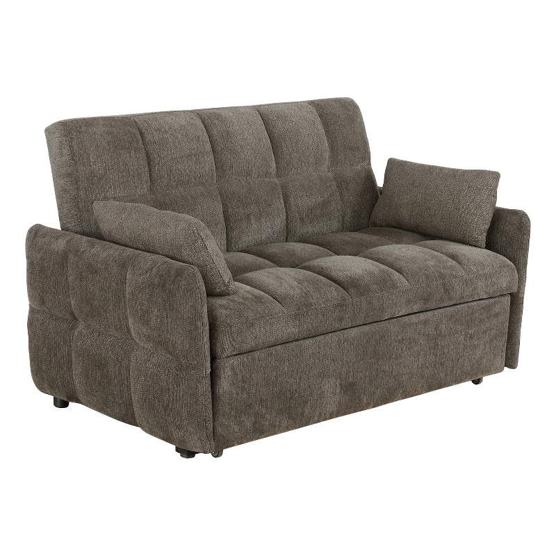 Pemberly Row 59 Inch Sleeper Sofa Futon with Grid Tufting and Pillows in Brown