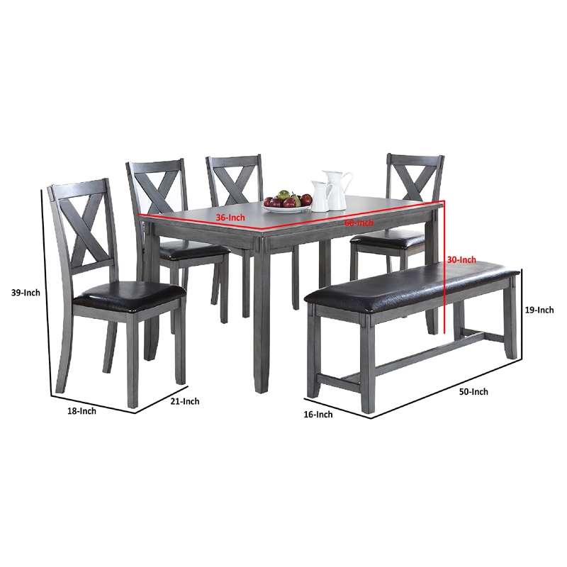 Pemberly Row 6 Piece Dining Set with Table 4 Chairs and Bench in Gray