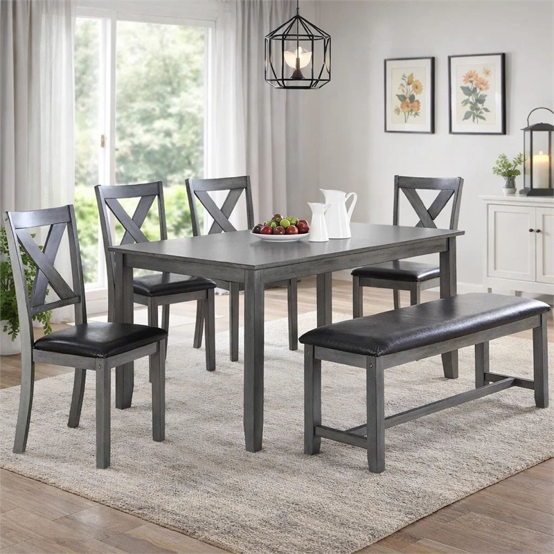 Pemberly Row 6 Piece Dining Set with Table 4 Chairs and Bench in Gray