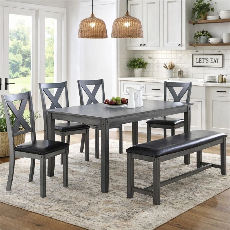 Pemberly Row 6 Piece Dining Set with Table 4 Chairs and Bench in Gray