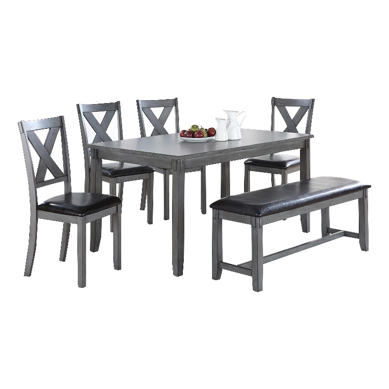 Pemberly Row 6 Piece Dining Set with Table 4 Chairs and Bench in Gray