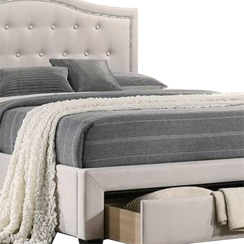 Pemberly Row Upholstered Tufted Full Bed with Storage and Nailhead Trim in Ivory
