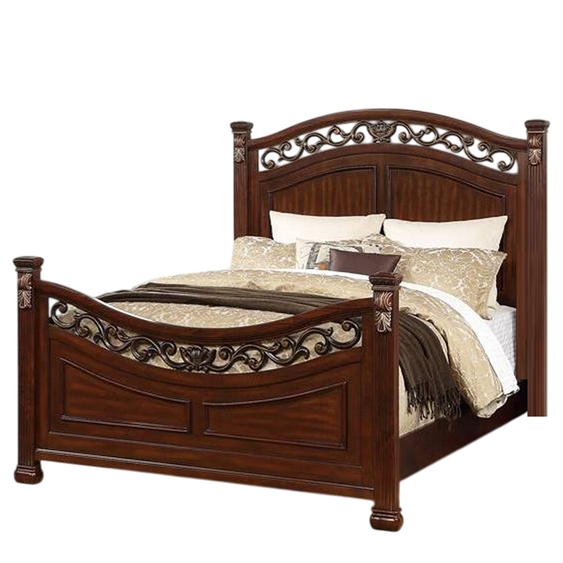 Pemberly Row King Bed with Arched Carved Leaf Headboard & Bun Feet in Oak Brown